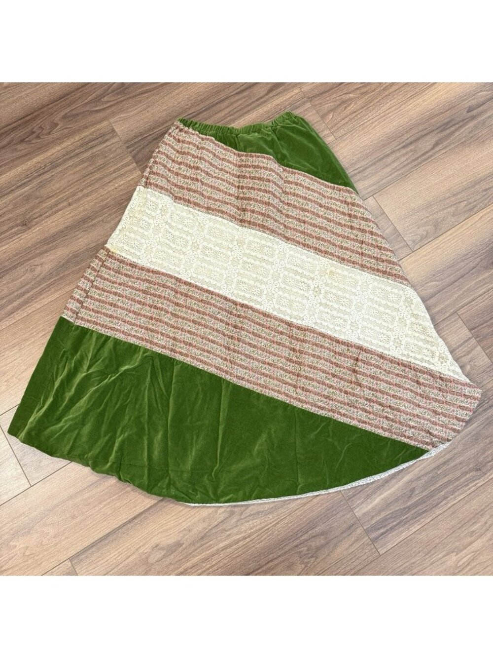 Vintage Chessa Davis Prairie Hippy Boho Patchwork Maxi Skirt Sash Olive Green